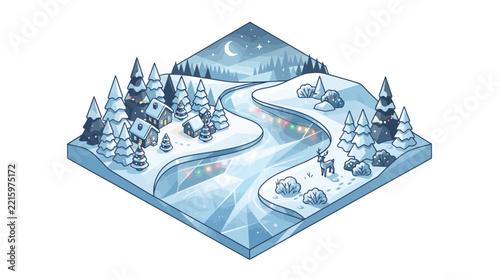 Isometric Winter River Landscape Illustration