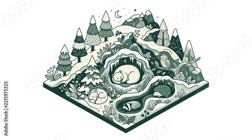 Isometric Winter Forest Hibernation Illustration