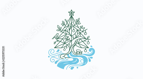 Stylized Geometric Tree with Flowing Water Illustration