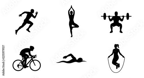 Obraz na plátně Sports silhouettes set with runner, cyclist, weightlifter, yogi, swimmer and jum