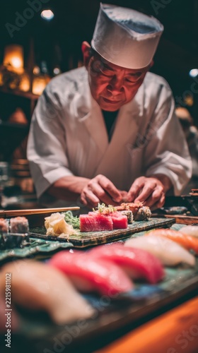 Chef preparing sushi at restaurant counter