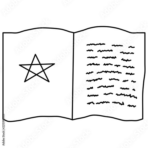 Hand-Drawn Open Magic Spell Book with Pentagram Line Art Illustration for Halloween Spooky Craft Designs
