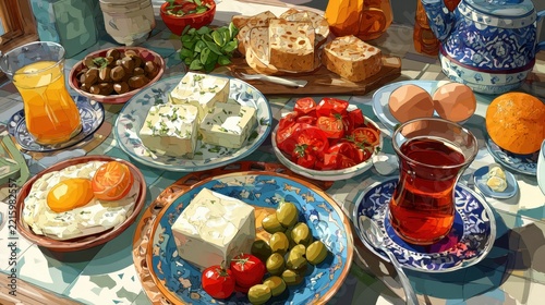 Traditional Turkish breakfast spread with tea