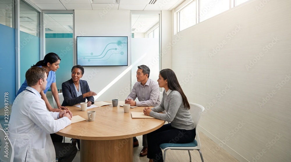 Fototapeta premium Physician leads AI care planning at hospital roundtable