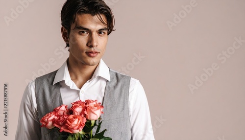 Young man holding roses secretly behind his back