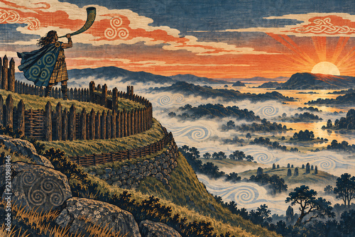 Celtic Lookout Blowing a Bronze Horn From a Hillfort at Sunrise
