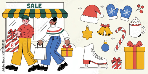 Holiday Shopping Illustrations Emphasizing Celebration And Merriment