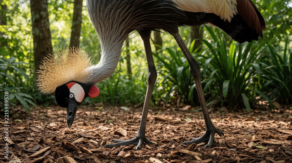 Fototapeta premium Grey crowned African crane with gold crest stands in rich forest. Tall endangered bird looks down at ground near wood chips. Majestic avian wildlife shows colorful feathers, red cheek patch in