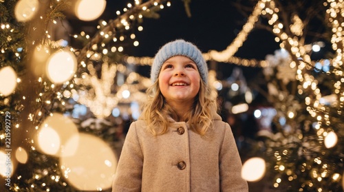 portrait of happy girl in winter evenings on background of Christmas lights