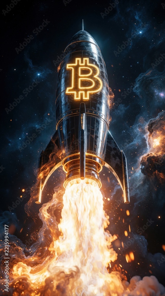 Fototapeta premium Silver rocket with Bitcoin logo launches into dark space. Huge fire, smoke from engine propulsion. Crypto symbol on spacecraft represents digital currency growth, blockchain innovation, financial