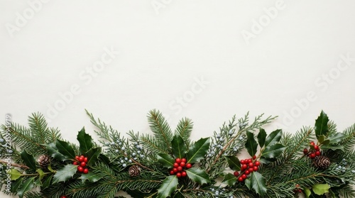 Christmas Holiday Border with Holly Pine and Berries on White