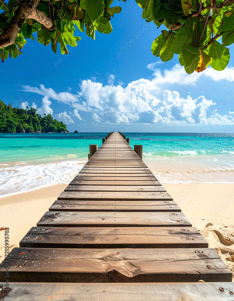 Fototapeta premium A wooden pier stretches into a vibrant turquoise sea under a bright, sunny sky. This serene tropical beach scene, with no people, evokes a sense of tranquil escapism, freedom, and wanderlust.
