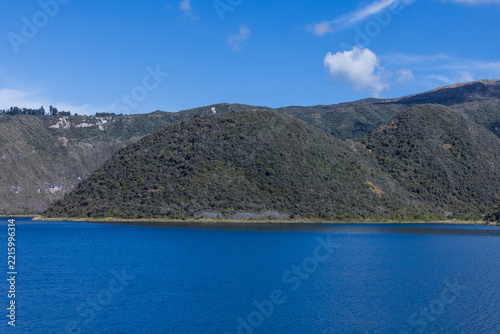 Cuicocha lake crater and volcanic island with Andes mountains in Cotacachi, Imbabura, Ecuador