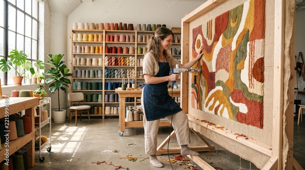 © Anna - Woman making a tufted rug with a tufting gun in her studio. Engaging in an analog hobby and handcrafted textile art for creative workspace inspiration and artisan manufacturing.