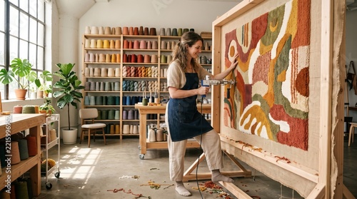 Woman making a tufted rug with a tufting gun in her studio. Engaging in an analog hobby and handcrafted textile art for creative workspace inspiration and artisan manufacturing.