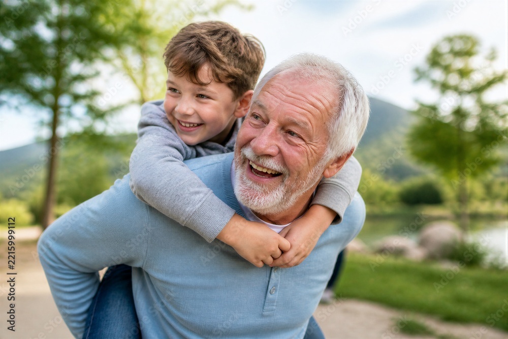 Fototapeta premium Grandfather giving grandson piggyback on park path outdoors