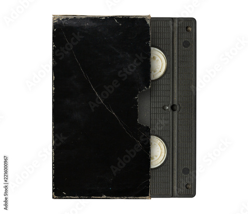Old blank VHS black sleeve and cassette tape, aged sleeve texture, png isolated on transparent background