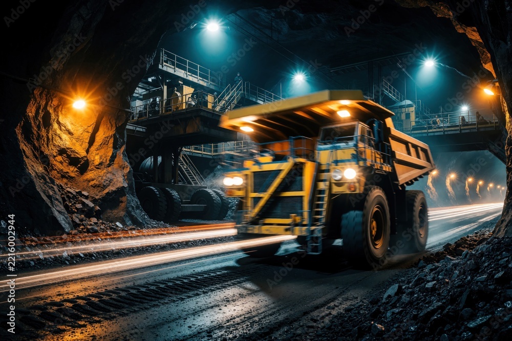 Fototapeta premium Large yellow mining truck drives through dark underground tunnel. Heavy machinery moves coal in anthracite mine. Motion blur shows fast transport of minerals by giant dump truck. Industrial operation
