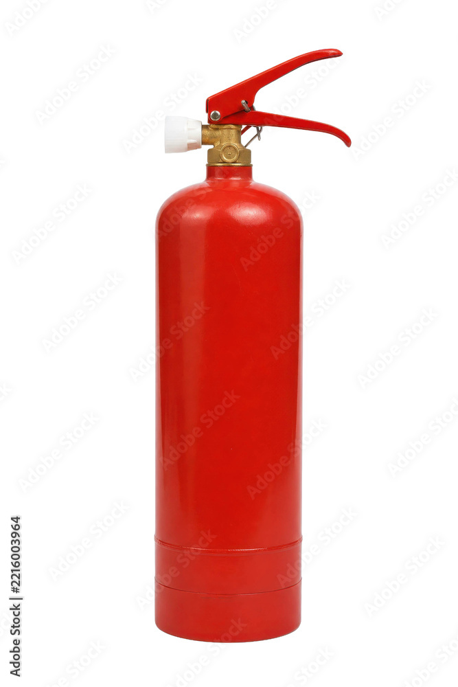 Fototapeta premium Vibrant red fire extinguisher with a brass valve and white nozzle stands upright on a clean white background, ready for emergency use