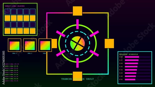 a wage stream monitoring interface displays complex digital nodes with geometric progress bars and glowing circular radar charts on a dark screen in this animation