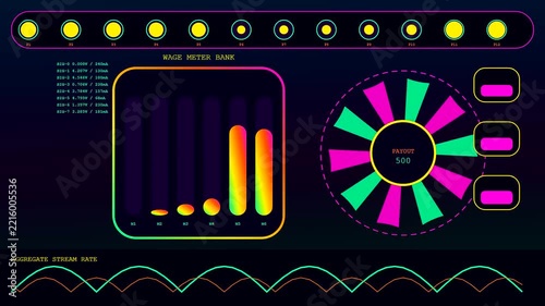A wage stream monitor displays dynamic glowing neon bar charts and rotating geometric circular status icons within a dark digital interface designed for modern financial data analysis
