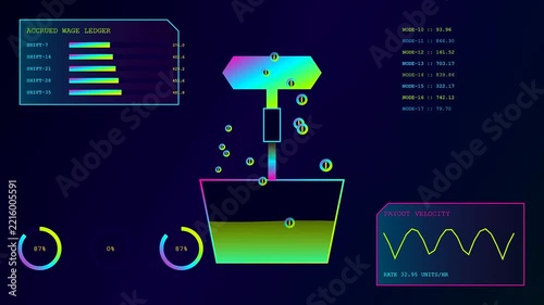 A digital wage stream visualization flowing through an abstract neon interface showing data nodes and fluctuating velocity lines in a dark simulated virtual analytics environment