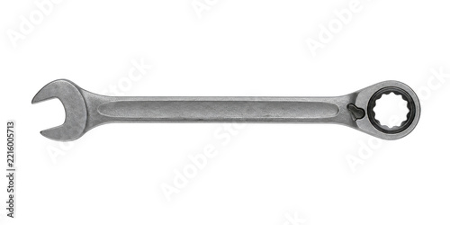 Shiny metallic combination wrench with a ratcheting box end and open end, isolated on a clean white background