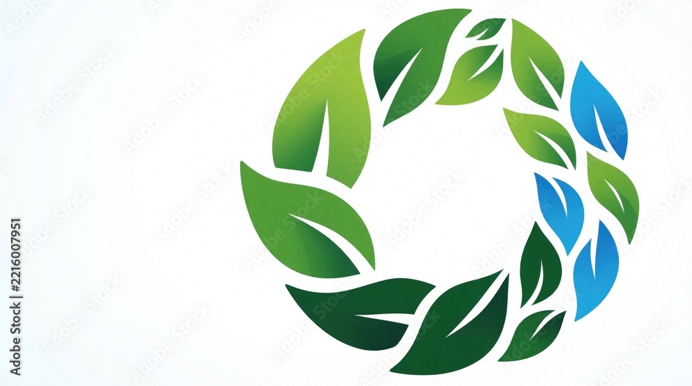 Fototapeta premium Circular logo design with green, blue leaves. Stylized foliage forms round wreath shape. Eco friendly symbol represents nature, sustainability, organic growth. Modern graphic element for brand