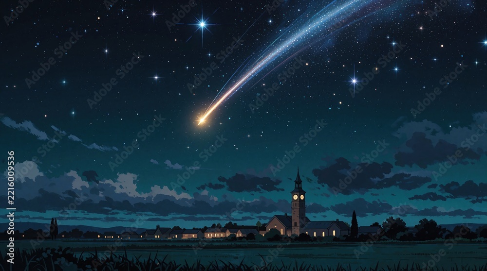 Fototapeta premium Bright shooting star streaks across dark starry night sky above small town. Comet flies over peaceful village with church tower, distant buildings. Dreamy landscape features clouds, cosmic light,