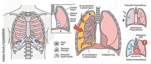 Medical illustration of lungs and pleural space conditions