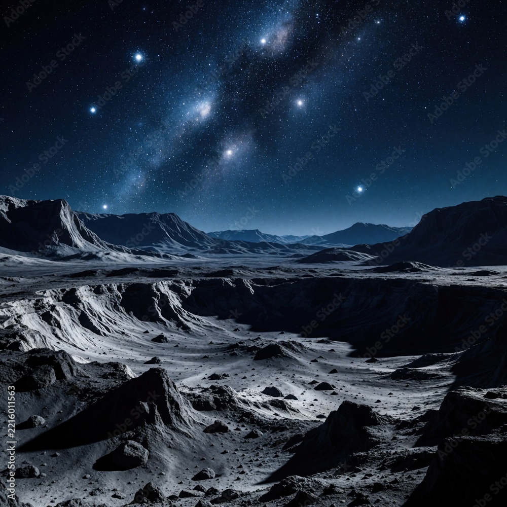 Fototapeta premium Alien landscape under bright starry night sky. Cosmic milky way galaxy glows above dark rocky terrain, deep craters. Mysterious planet surface features mountains, vast desert with celestial light.