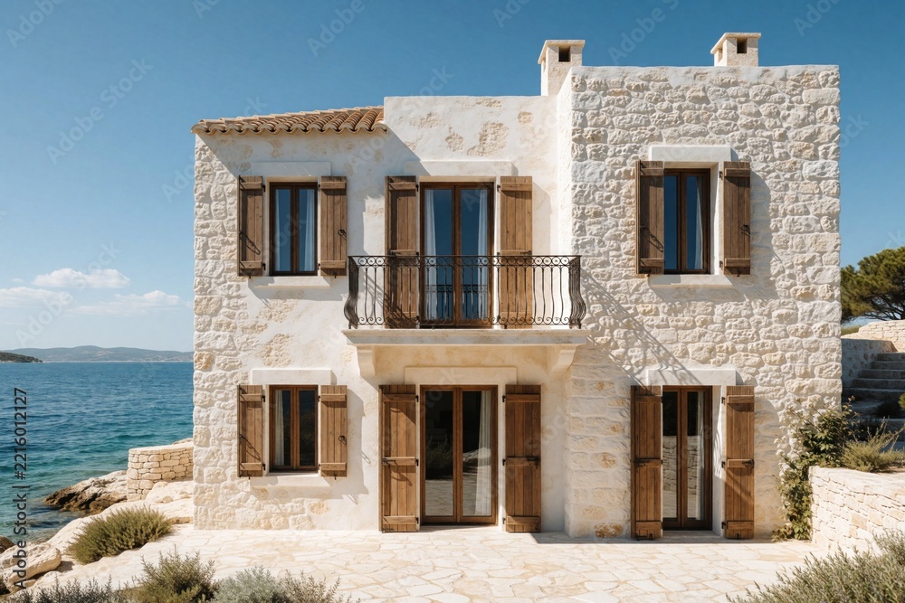 Fototapeta premium Stone villa with wooden shutters stands by blue sea. Mediterranean style coastal house features balcony with iron railing. Sunny summer day at seaside residence with terrace, panoramic ocean view.