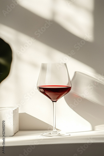 Red wine glass on a sunlit ledge with window shadows