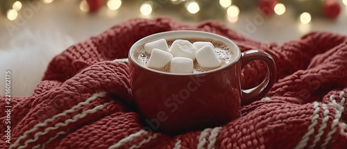 Hot chocolate with marshmallows in a red mug on knitted fabric