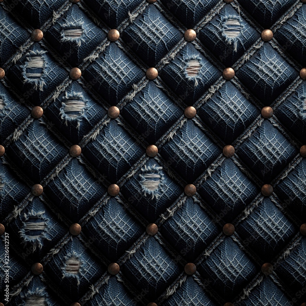 Fototapeta premium Seamless distressed denim waffle texture pattern. Dark blue quilted fabric with ripped holes, metal rivets. Rugged textile surface for fashion design, apparel backgrounds, upholstery projects. Grunge