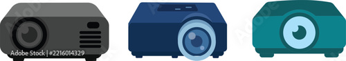 Digital video projector vector illustration set with multimedia presentation equipment, home theater technology and projection screen designs