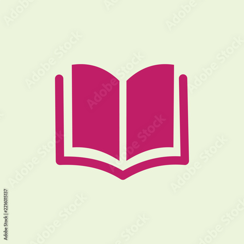 Minimalist graphic illustration of an open magenta book symbol. Ideal design element for education, school, library, reading, literature, and app UI design.