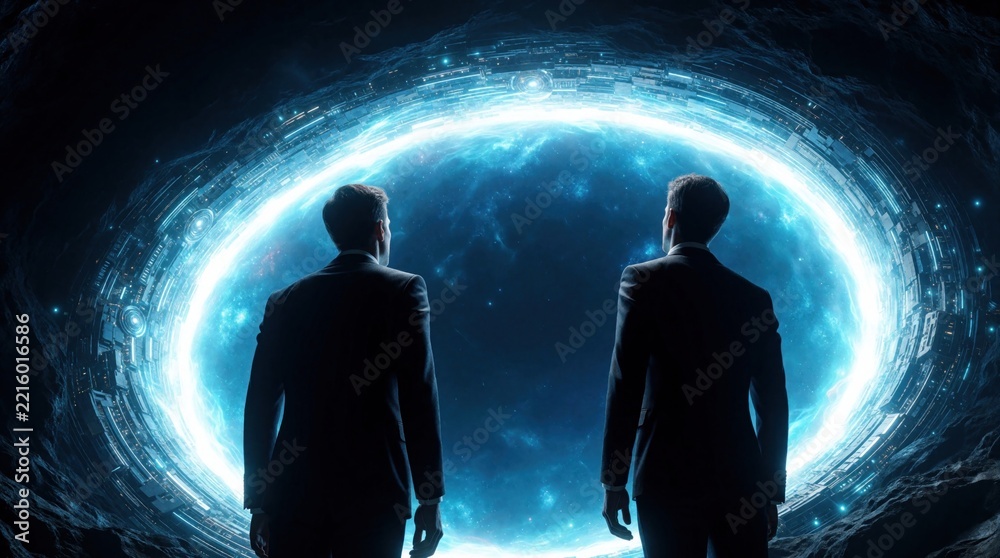 Fototapeta premium Two businessmen stand in silhouette facing glowing blue portal. Professional men look into cosmic wormhole futuristic gateway in deep space. Abstract concept of digital transformation, new