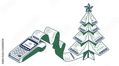 Christmas payment terminal with origami pine tree receipt vector