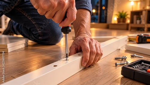 Hands using a screwdriver to assemble white wooden furniture. Suitable for home improvement articles and diy lifestyle commercial background.