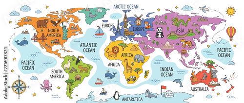 Illustrated World Map for Kids with Animals and Landmarks