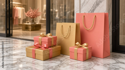 Coral and gold shopping bags with gift boxes