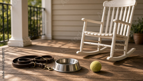 Dog leash bowl and tennis ball on sunny porch