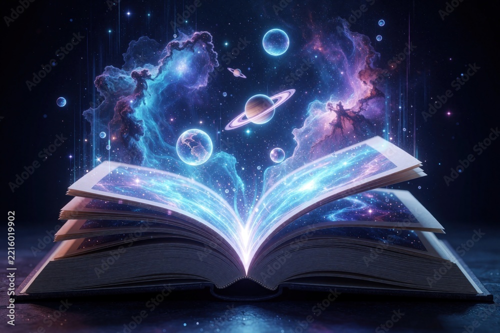 Fototapeta premium Open book with magical universe emerging from pages. Cosmic space with colorful nebulae, planets, stars, galaxies erupts from literature. Fantasy concept of infinite knowledge, imagination, mental