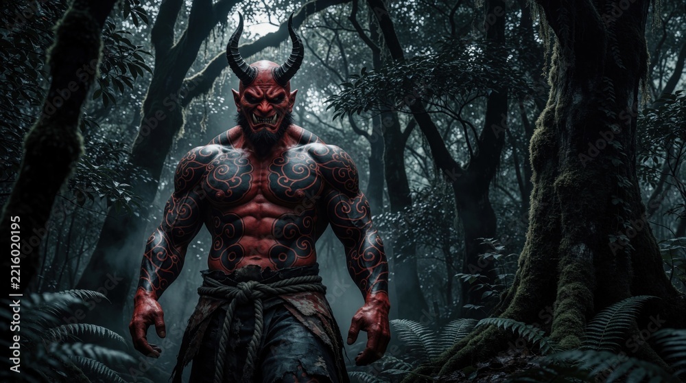 Fototapeta premium Powerful Japanese Oni demon stands in dark spooky forest. Red muscular monster with black tattoos, horns looks fierce. Mythical creature with scary mask wanders through misty ancient trees at night.