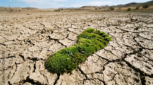 A Single Footprint of Hope on Dry Land: A vivid green footprint, composed of moss and tiny white flowers, stands out starkly against the cracked, arid earth.