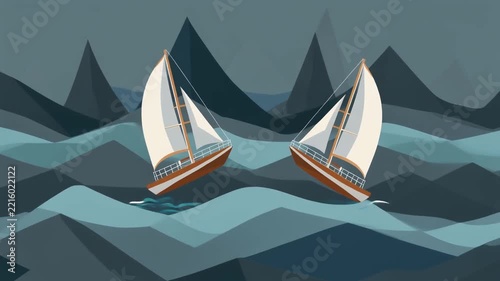 Two majestic sailing vessels with billowing white sails navigate the tumultuous, deep blue ocean amidst a backdrop of dramatic, jagged mountain peaks under a brooding, overcast sky