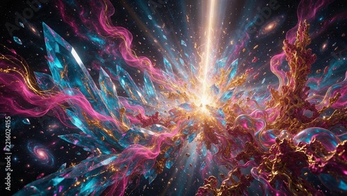 Abstract Cosmic Crystal Big Bang Explosion with Glowing Light Beam and Magenta Nebula Waves