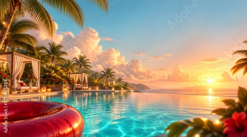 Sunset Poolside Escape at Tropical Resort.  suitable for christmas.	