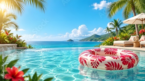 Tropical poolside paradise with palm trees and sunshine.  suitable for christmas.	